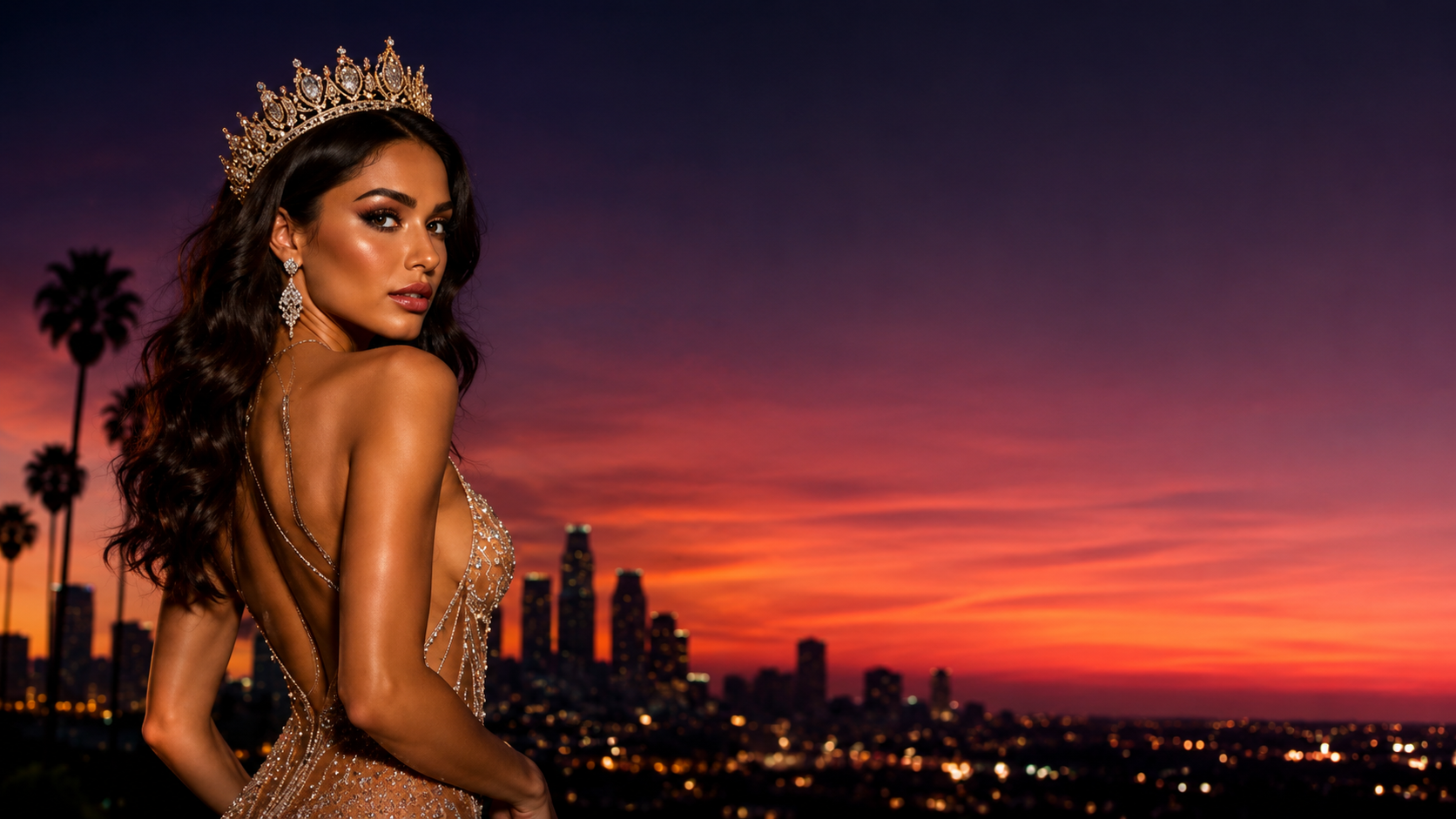 Miss Silicone USA — glamorous woman against the Los Angeles skyline