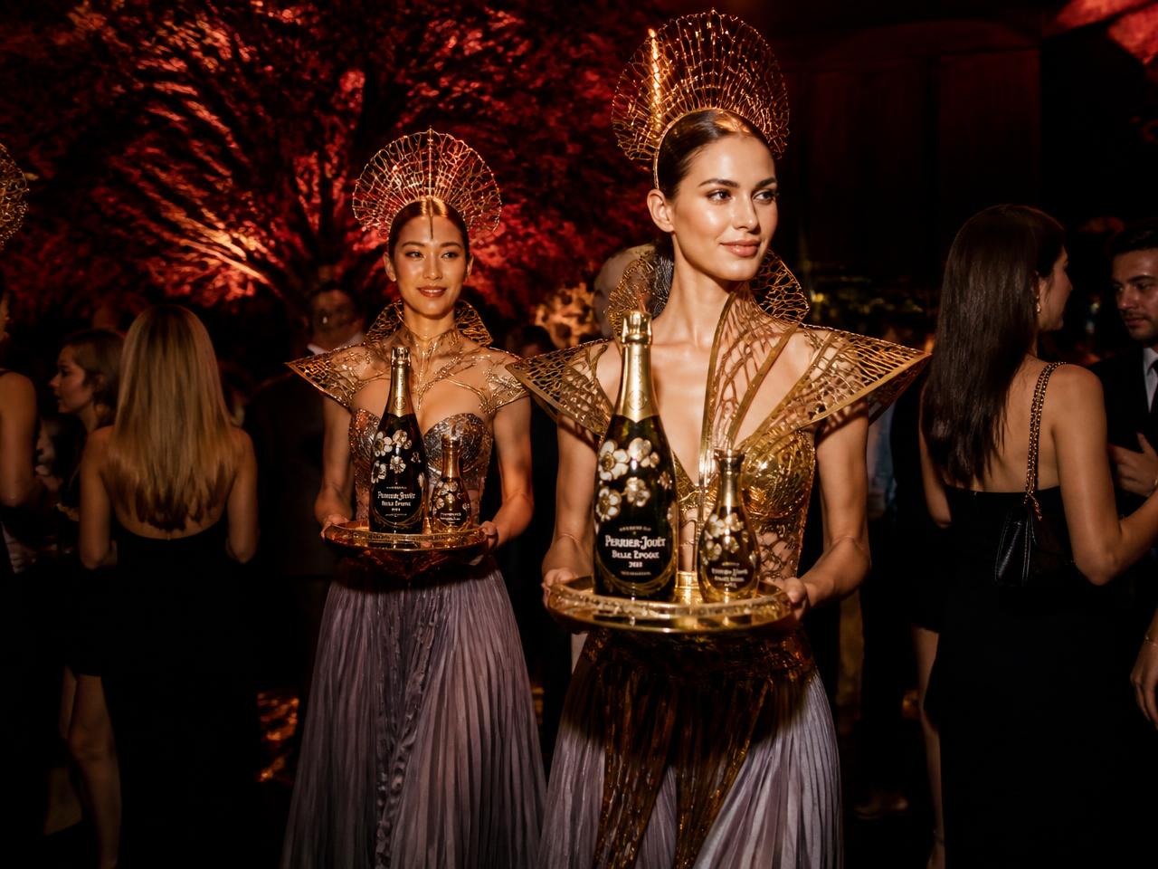 Event models presenting sponsor product on gold trays